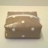 Oilcloth make up bag, box style, white zip, beige, cream spots,  wipe clean, new