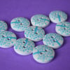 15mm Wooden Heart Tree Buttons Turquoise Blue on White 10pk Leaves (ST17)