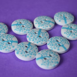 15mm Wooden Heart Tree Buttons Turquoise Blue on White 10pk Leaves (ST17)