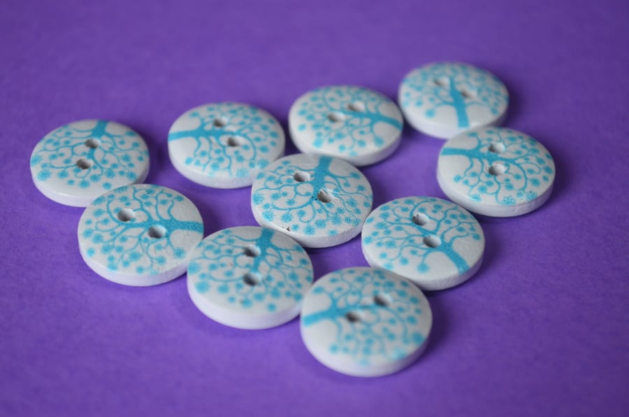 15mm Wooden Heart Tree Buttons Turquoise Blue on White 10pk Leaves (ST17)