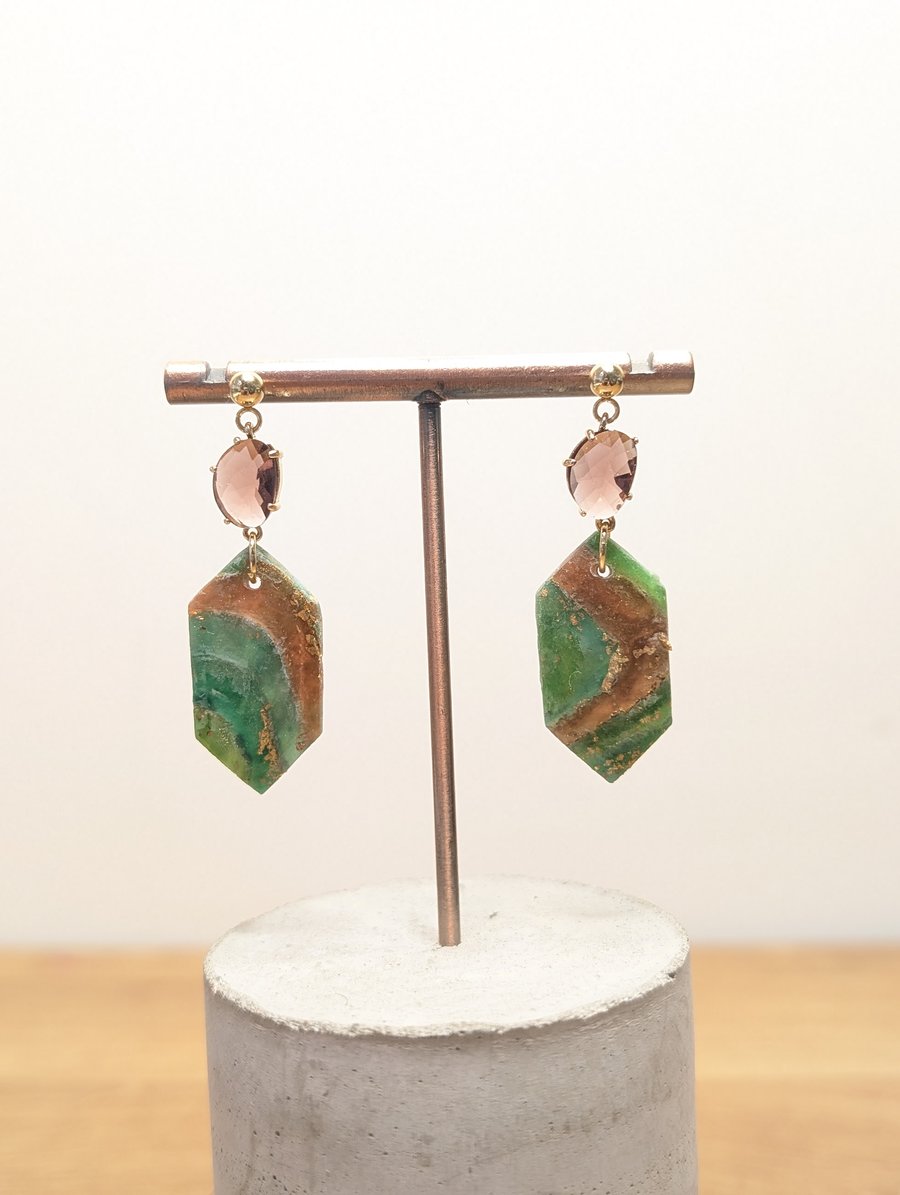 Green earthy agate polymer clay earrings- diamond gem