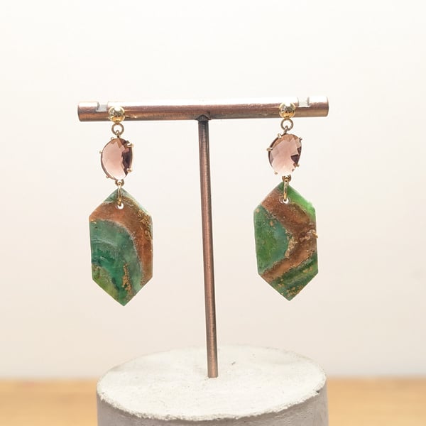 Green earthy agate polymer clay earrings- diamond gem