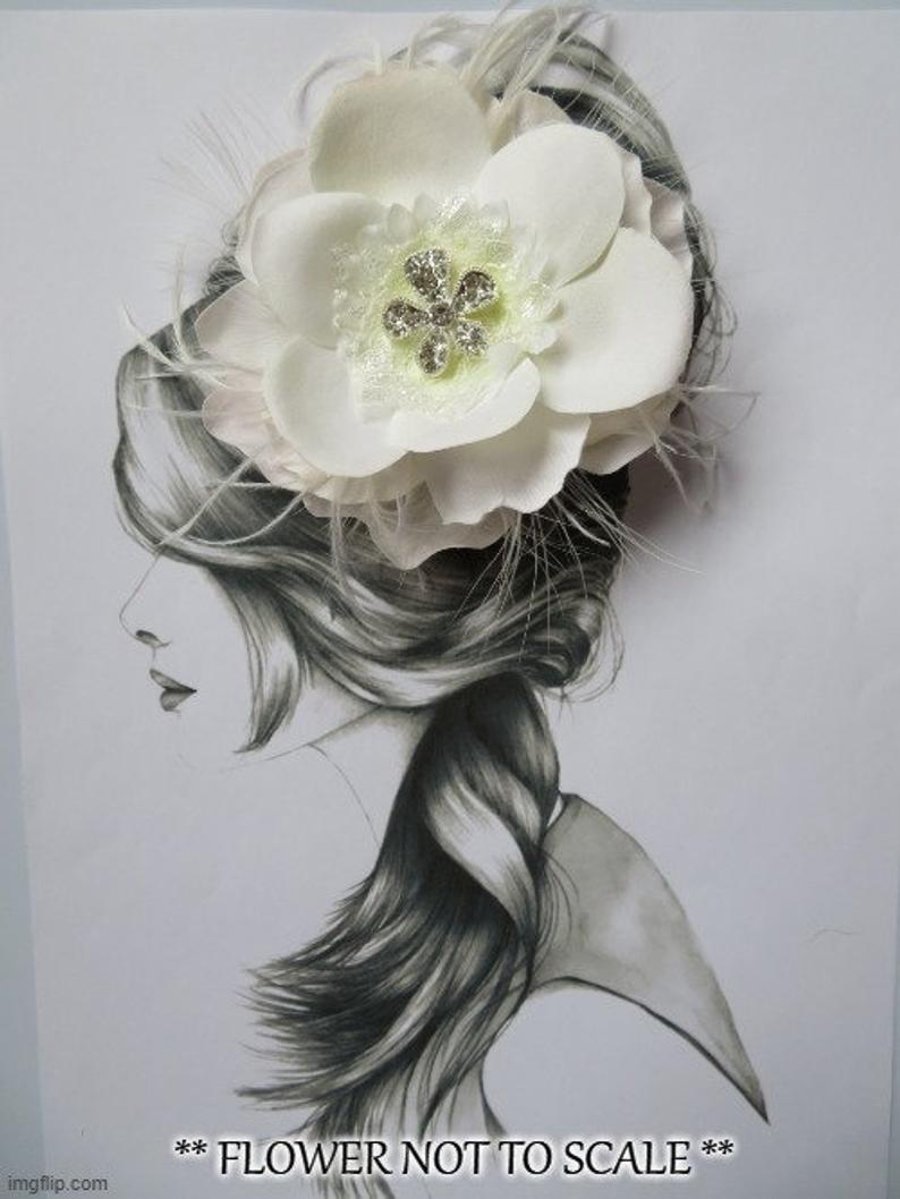 Ivory Rose Feather & Diamante Flower Bridal Vintage Retro Rockabilly Fascinator