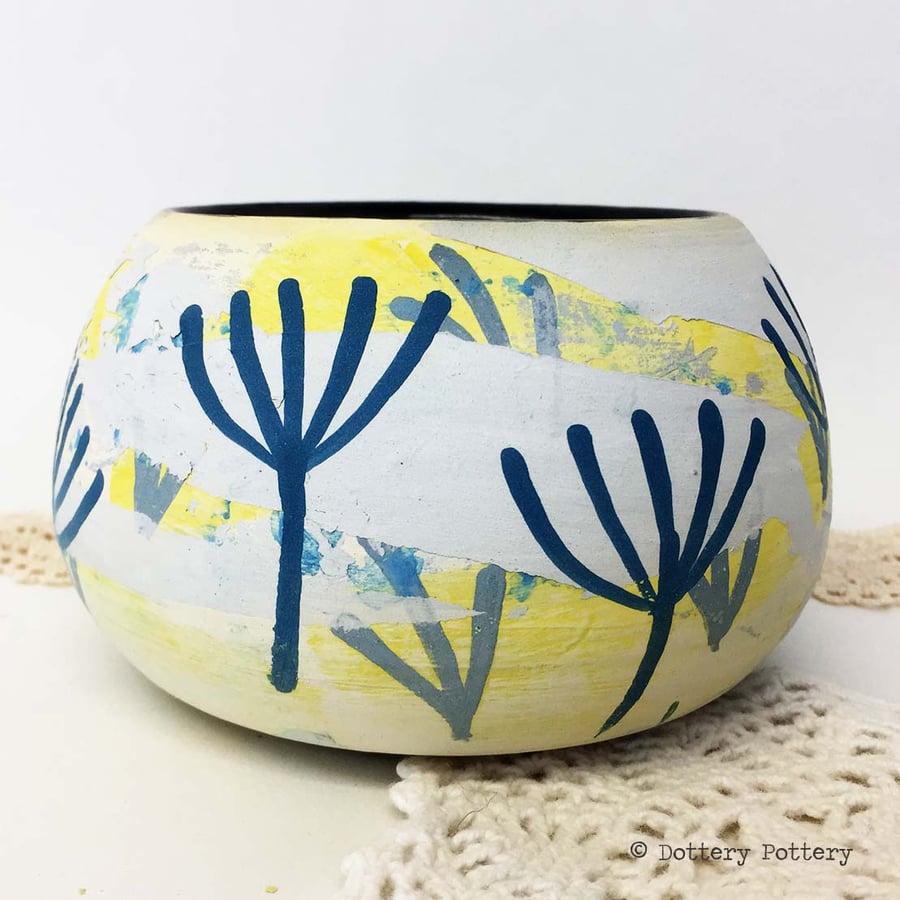 Handthrown ceramic pot bold leaf design pottery bowl studio pottery