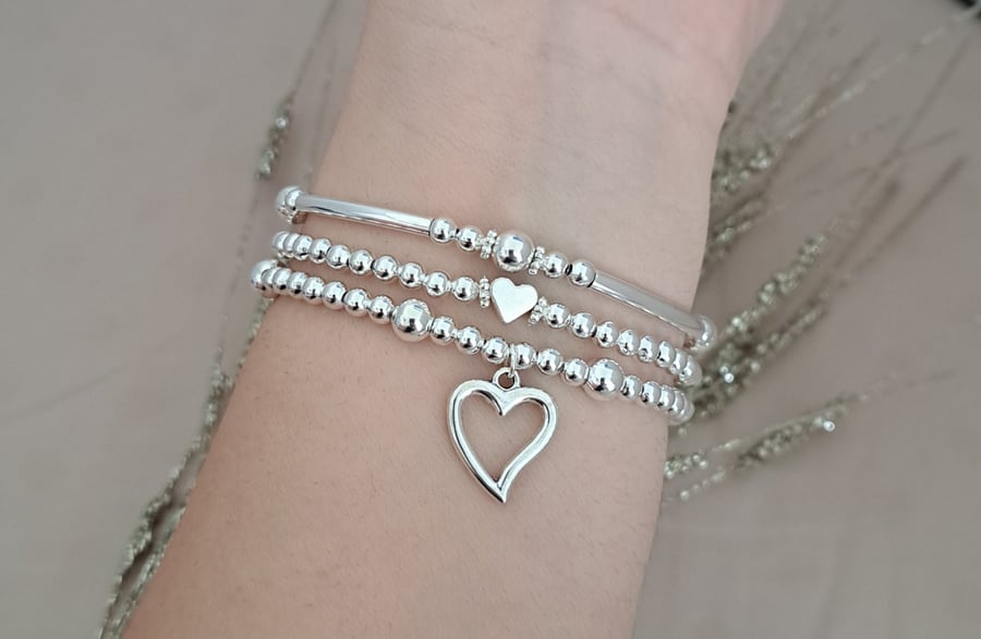 Silver Heart Charm Bracelet Set, Stacking Beaded Bracelets Gift for Her