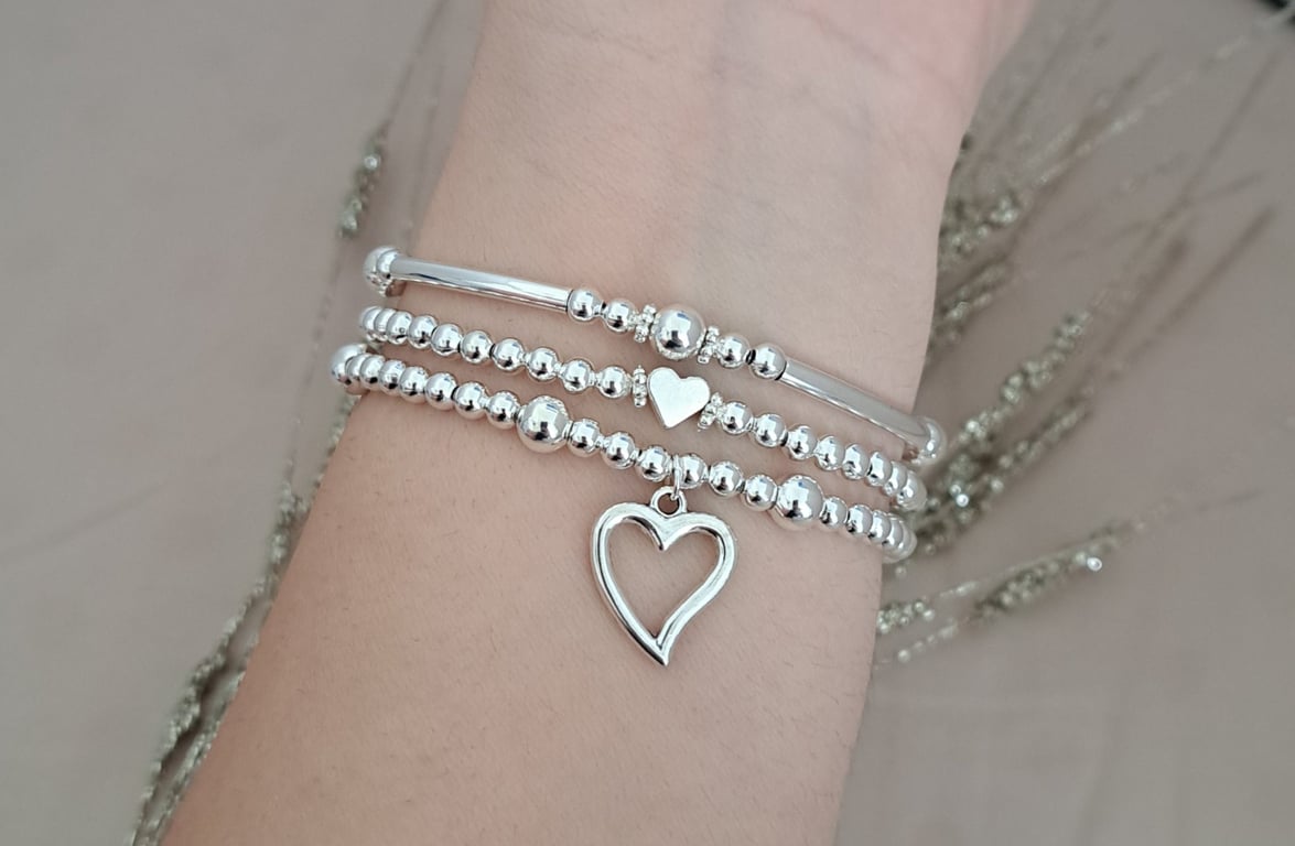 Silver Heart Charm Bracelet Set, Stacking Beaded Bracelets Gift for Her