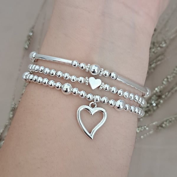 Silver Heart Charm Bracelet Set, Stacking Beaded Bracelets Gift for Her