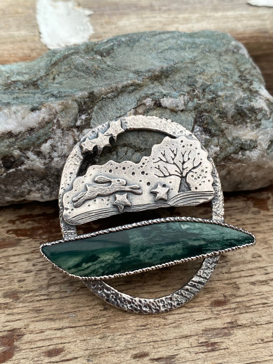 Silver Hare Brooch with Larsonite