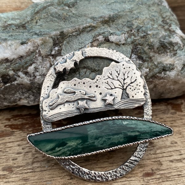 Silver Hare Brooch with Larsonite
