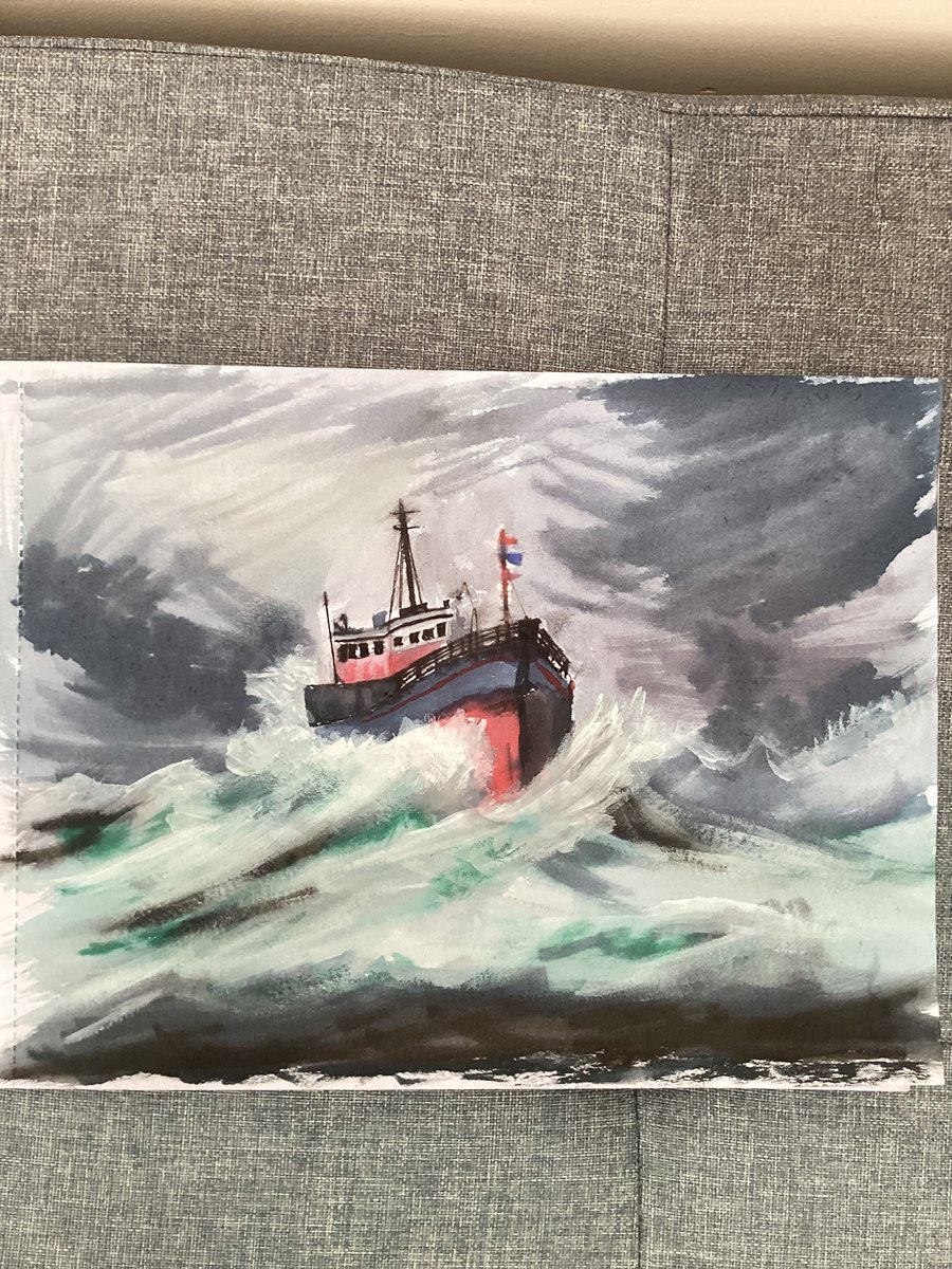 Boat with crashing waves.