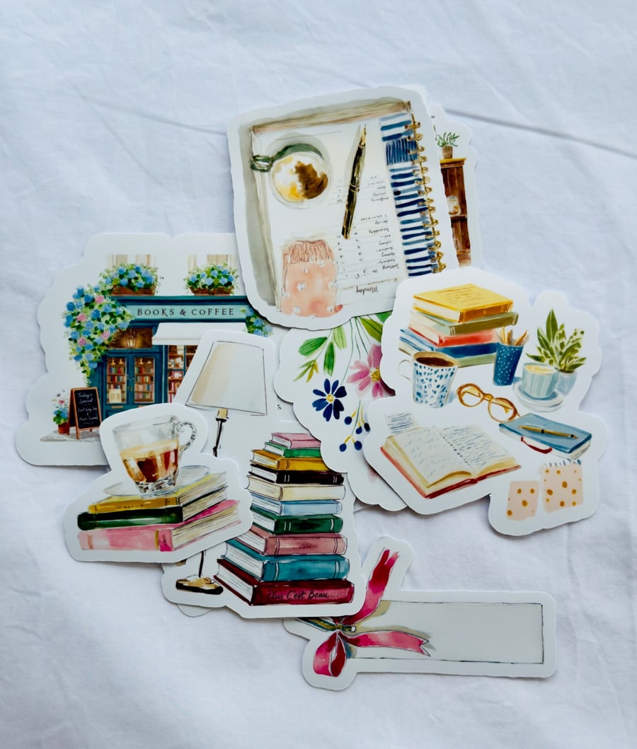 Stickers. Books and Coffee Theme Vinyl Stickers. Watercolour Illustrations.