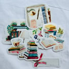 Stickers. Books and Coffee Theme Vinyl Stickers. Watercolour Illustrations.