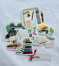 Stickers. Books and Coffee Theme Vinyl Stickers. Watercolour Illustrations.