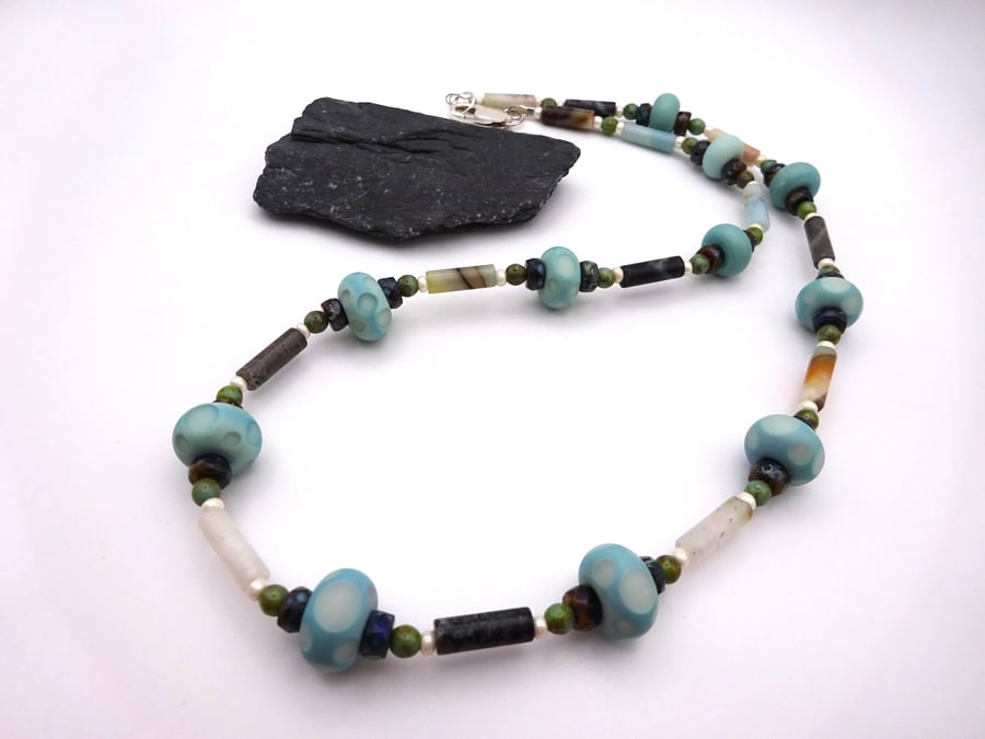 amazonite gemstone necklace, pale green lampwork glass jewellery