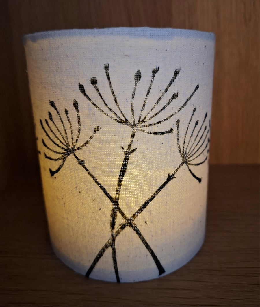 Handprinted handcrafted LED lantern featuring a cow parsley design.