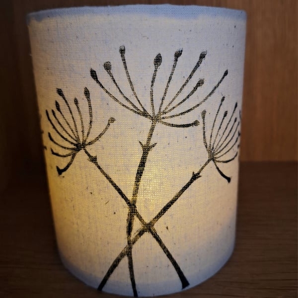 Handprinted handcrafted LED lantern featuring a cow parsley design.