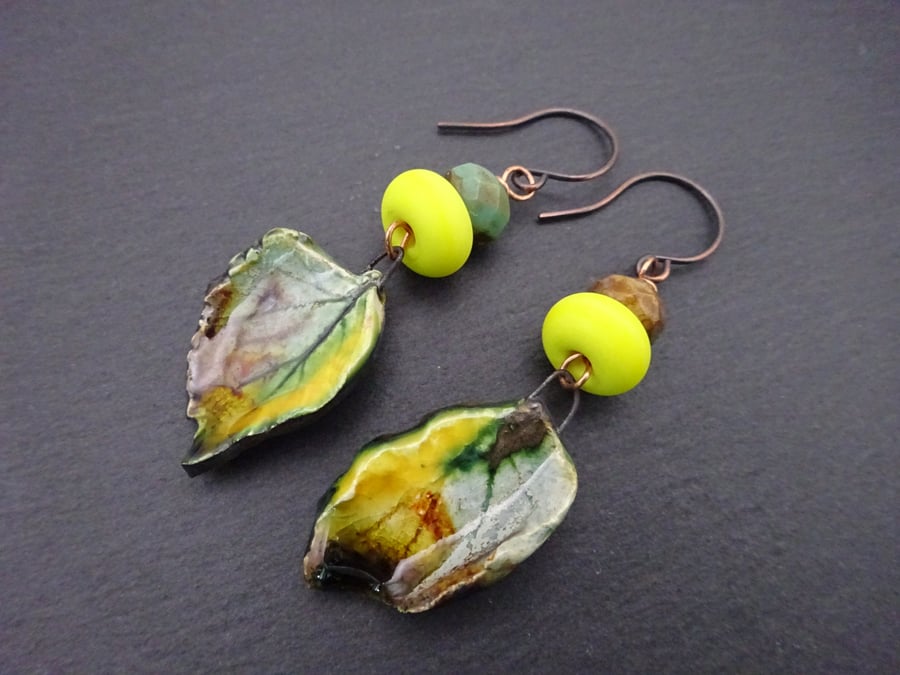 yellow lampwork glass earrings, ceramic leaf jewellery