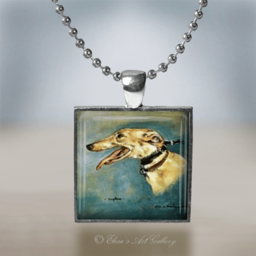 Silver Plated Greyhound Dog Painting Pendant Necklace