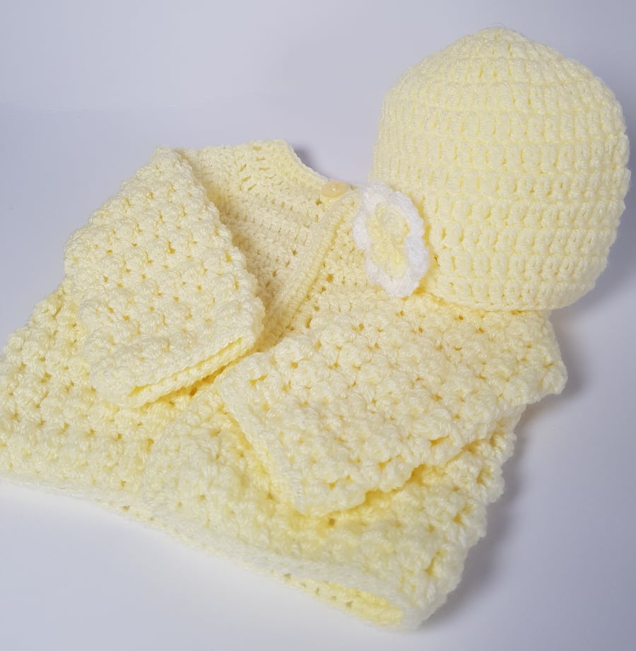 Baby Girl Cardigan and Hat, Handmade Heirloom Gift, 0 - 3 Months