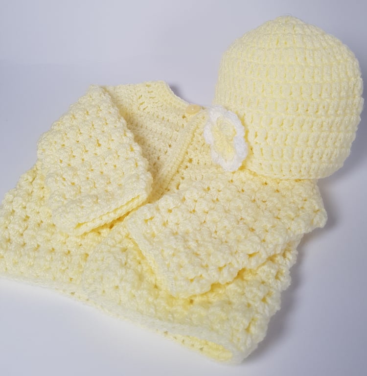 Baby Girl Cardigan and Hat, Handmade Heirloom Gift, 0 - 3 Months