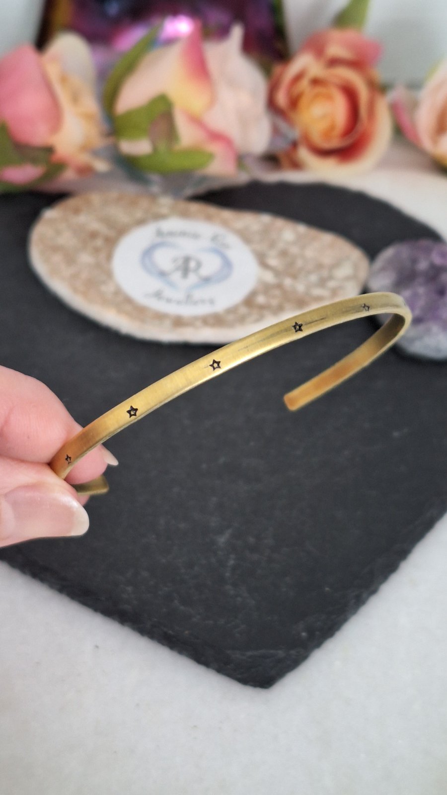 Very thin golden brass handstamped star bracelet