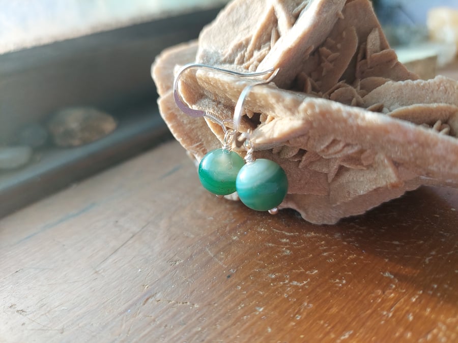 Sterling Silver Green Stripe Agate Earrings
