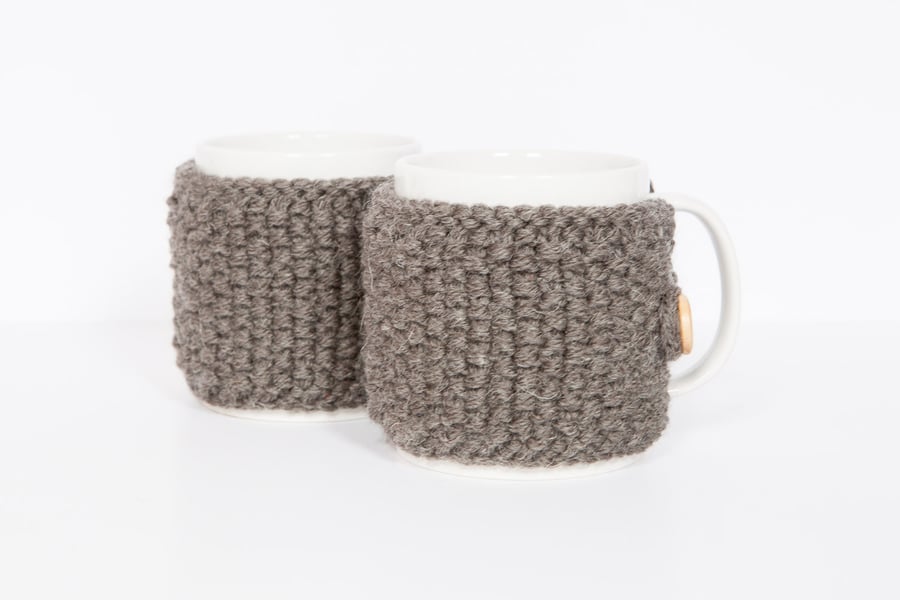 Pair of knitted mug cosies, cup cosy, coffee cosy in Charcoal. Coffee mug cosy