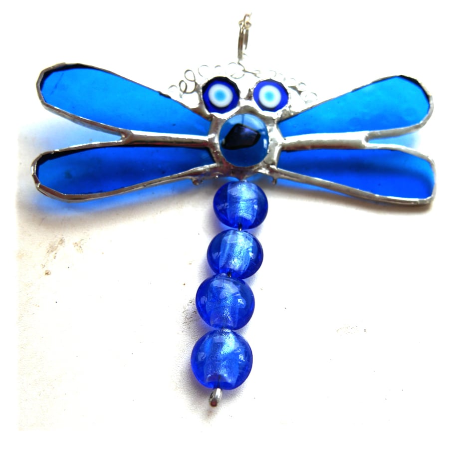 Dragonfly Suncatcher Stained Glass Blue Bead-Tailed 053