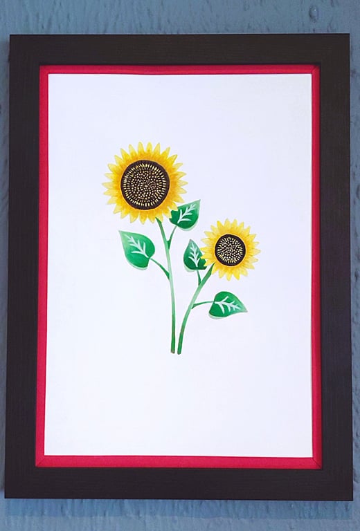 Genuine Made in UK Framed A3 Print Yellow Sunflowers Vibrant Red Border