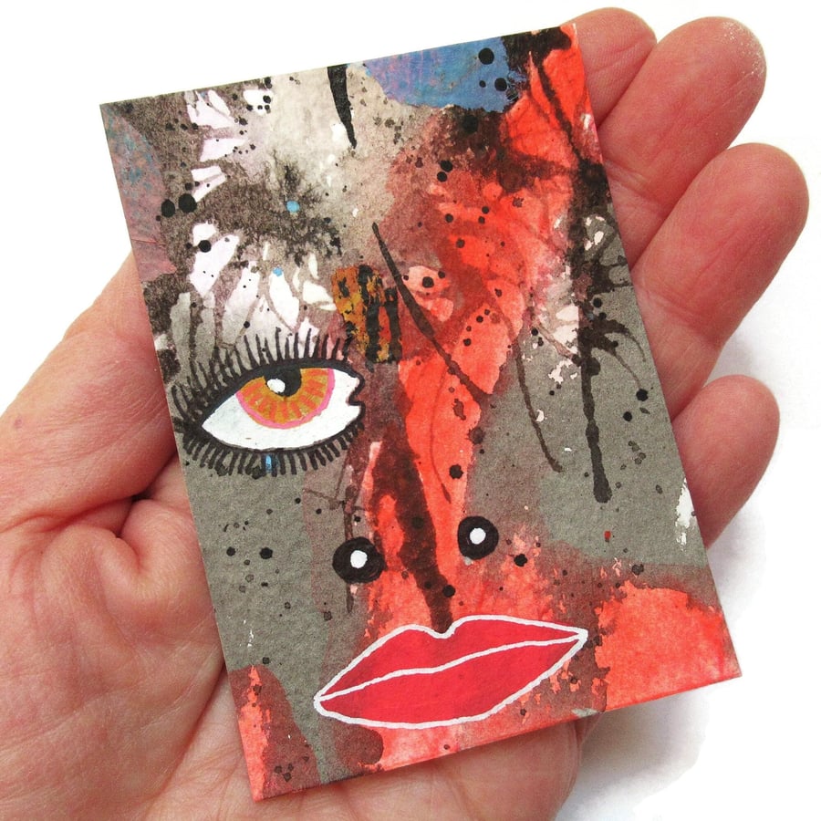 ACEO Abstract Eye Face Painting Mixed Media Miniature Surreal Artwork