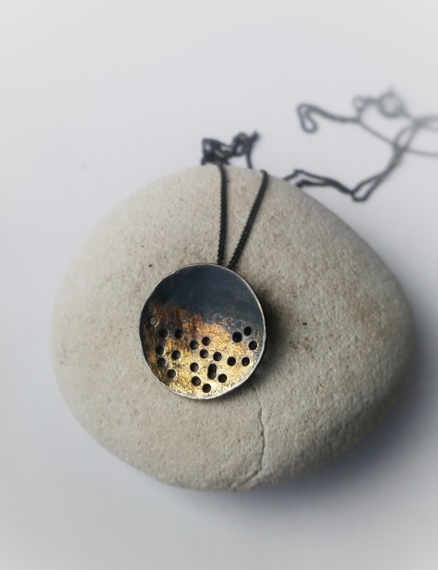 SALE  sterling silver organic necklace with black and gold