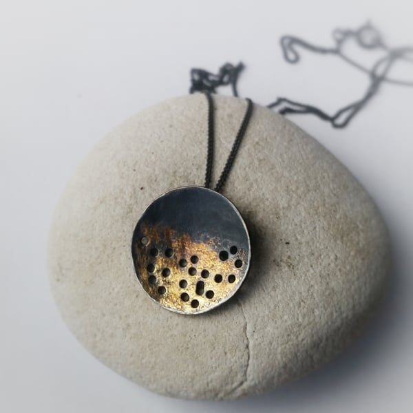 SALE  sterling silver organic necklace with black and gold