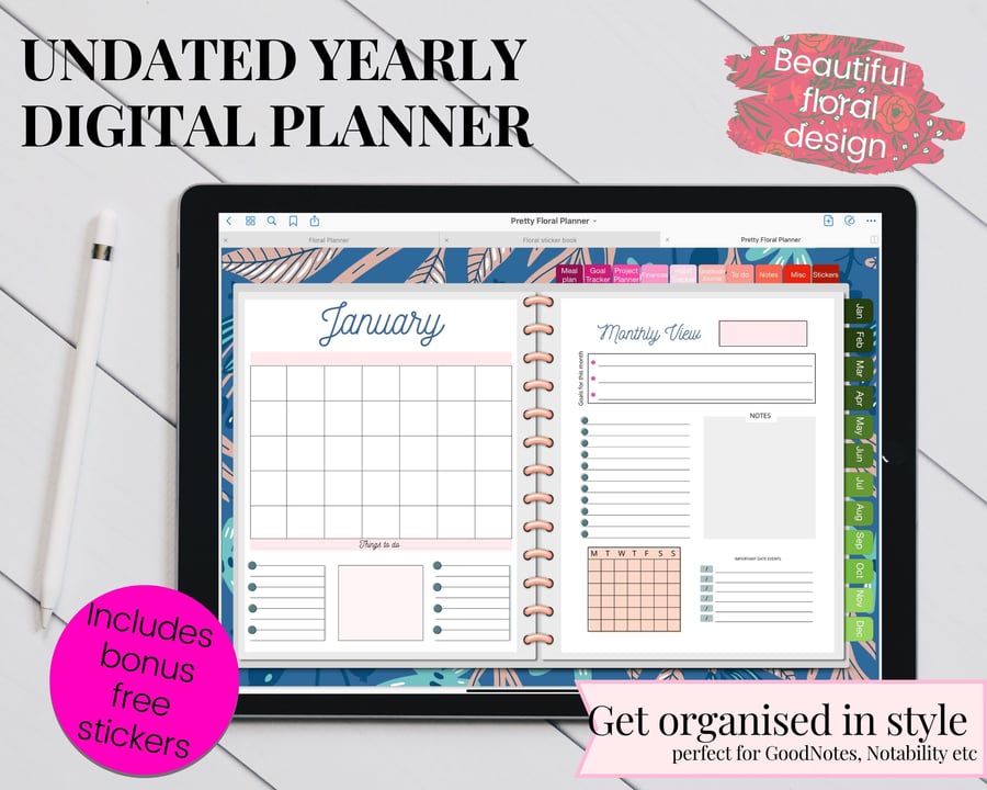 Mixed Floral Undated Digital Hyperlinked Planner iPad Goodnotes Noteability