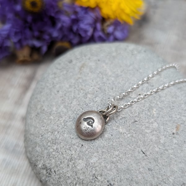 Sterling Silver Pebble Pendant Necklace with Stamped Wave