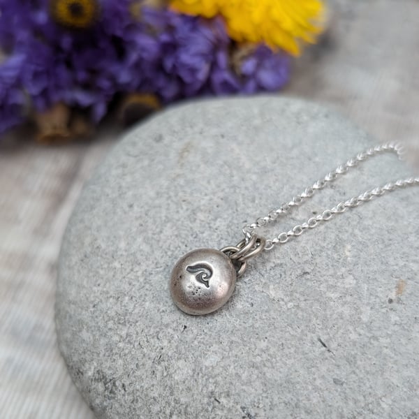Sterling Silver Pebble Pendant Necklace with Stamped Wave - JBJ2037