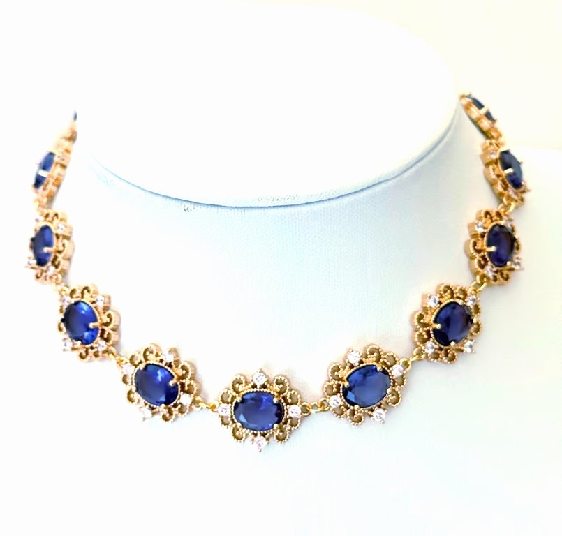 Dark Purple Regency Style Crystal Flower Choker, Gold Plated Necklace