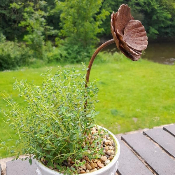 Handmade Rusty Metal Poppy Garden Stake Cottage Garden Flower Decoration