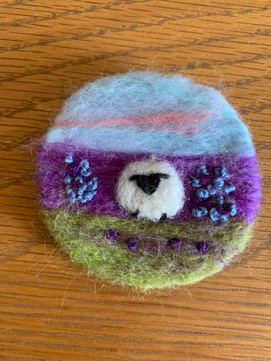 Needle felted sheep brooch