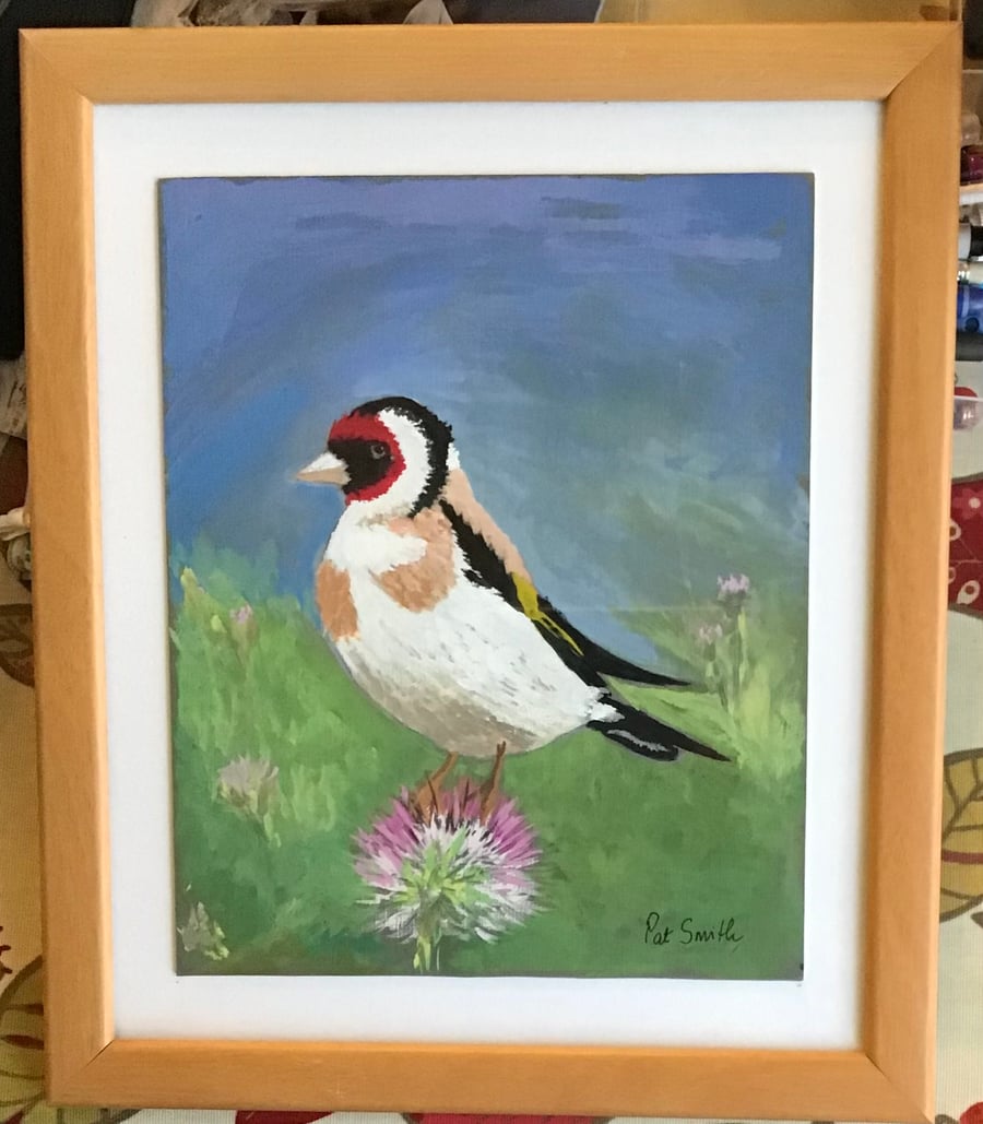 Original Gouache Painting, Wild Life Painting, Goldfinch, 