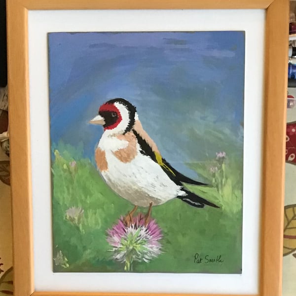Original Gouache Painting, Wild Life Painting, Goldfinch, 