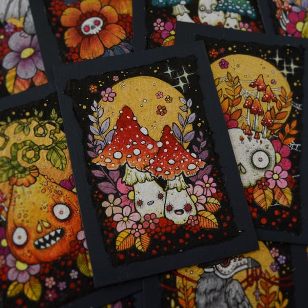 haunted mushrooms - original aceo illustration
