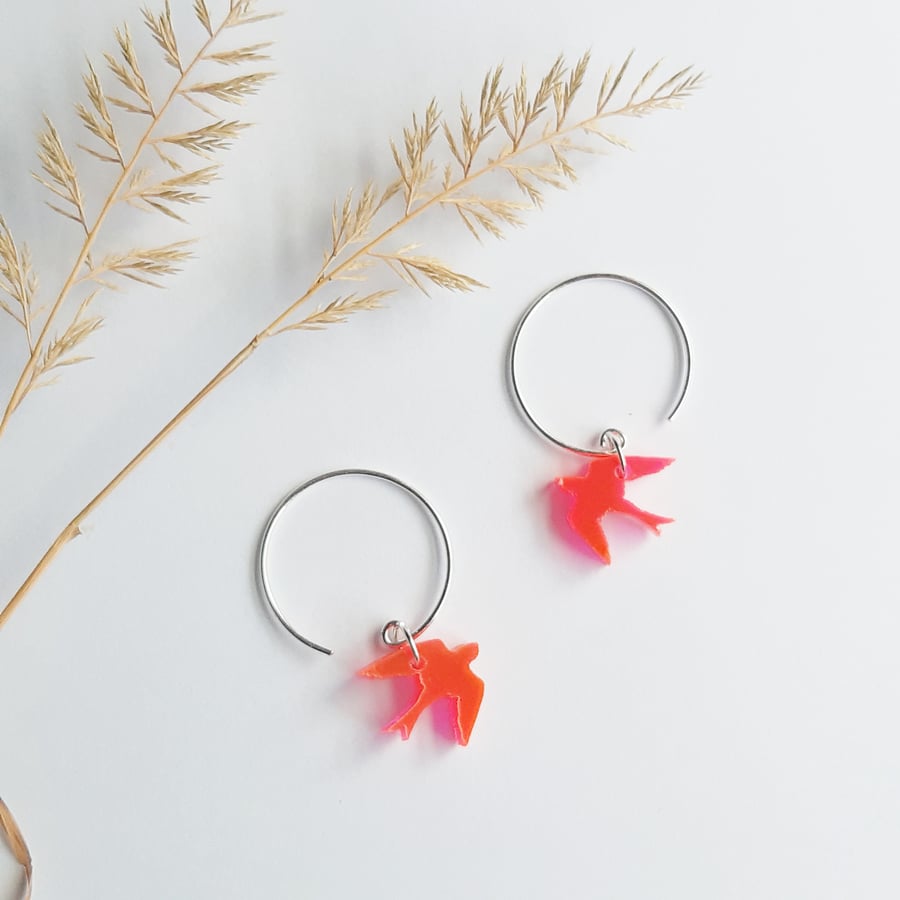 Mother's Day, Bird earrings, Sterling silver hoops, Swallows