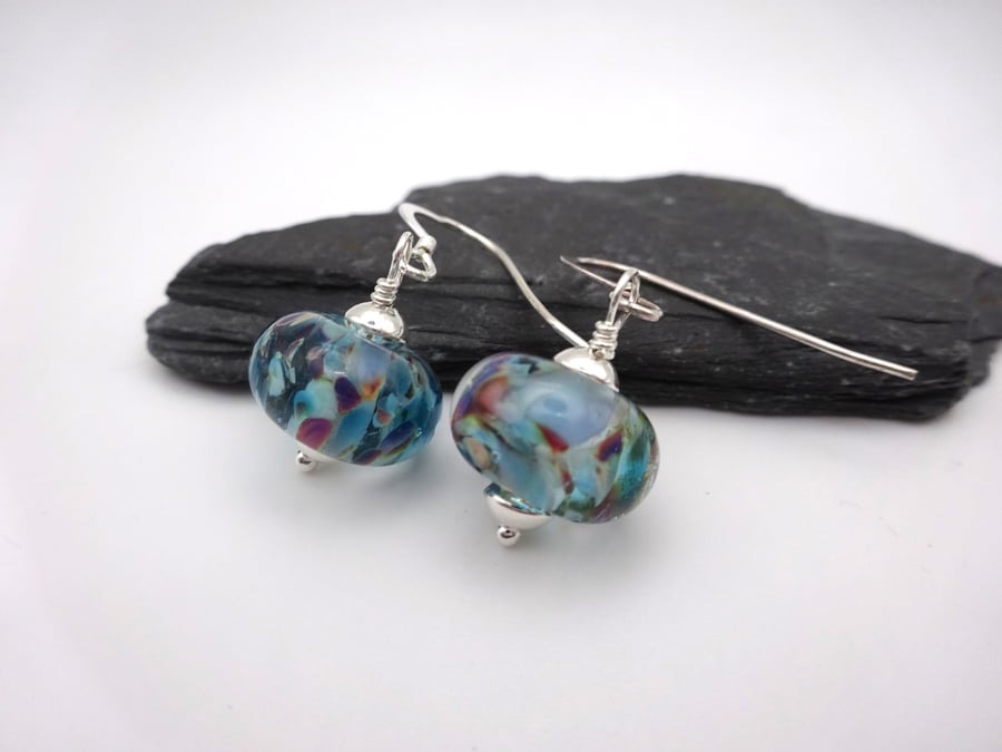 blue speckled lampwork glass earrings