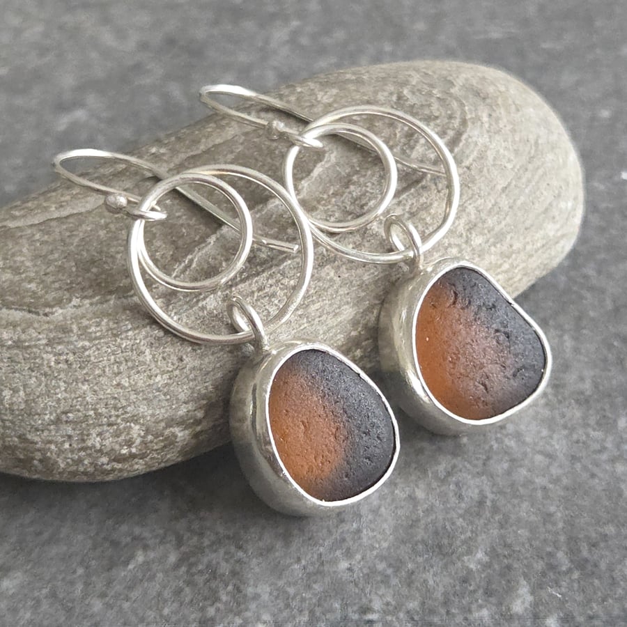 Amber seaglass drop earrings, Silver circle link dangles