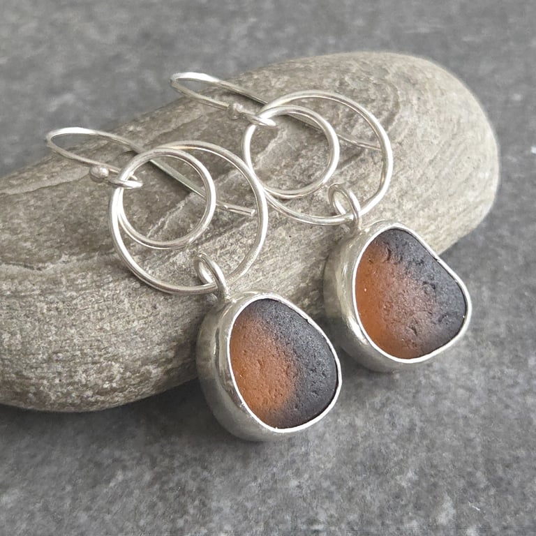 Amber seaglass drop earrings, Silver circle link dangles
