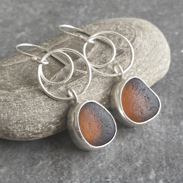 Amber seaglass drop earrings, Silver circle link dangles