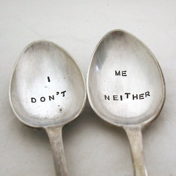 Divorce coffeespoons, I Don't, Me Neither, vintage spoon pair, hand stamped