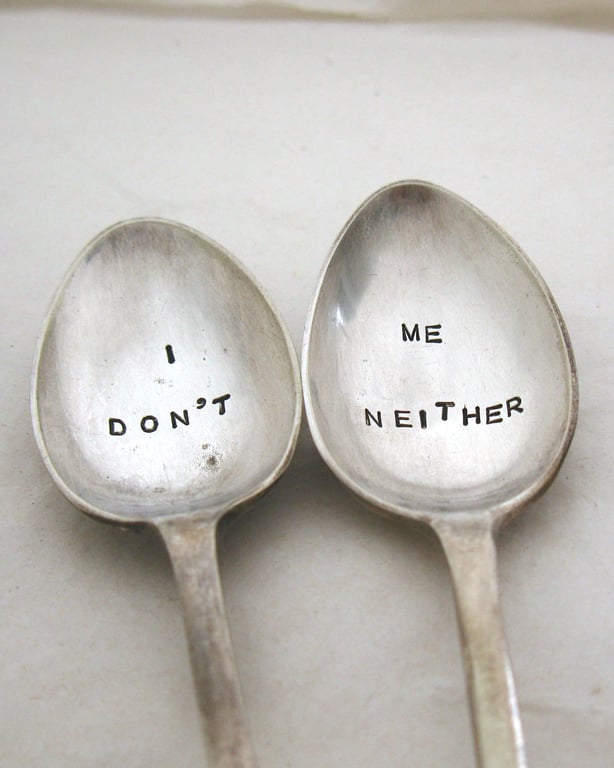 Divorce coffeespoons, I Don't, Me Neither, vintage spoon pair, hand stamped