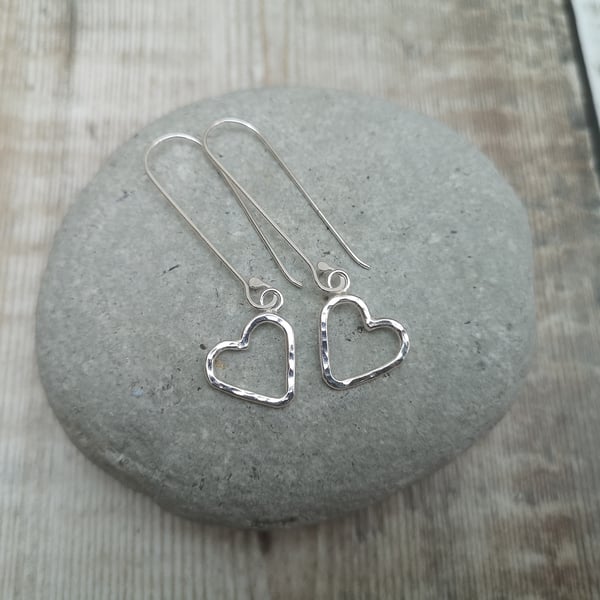 Sterling Silver Heart Earrings, Long Earrings, Hammered Earrings - SILV013