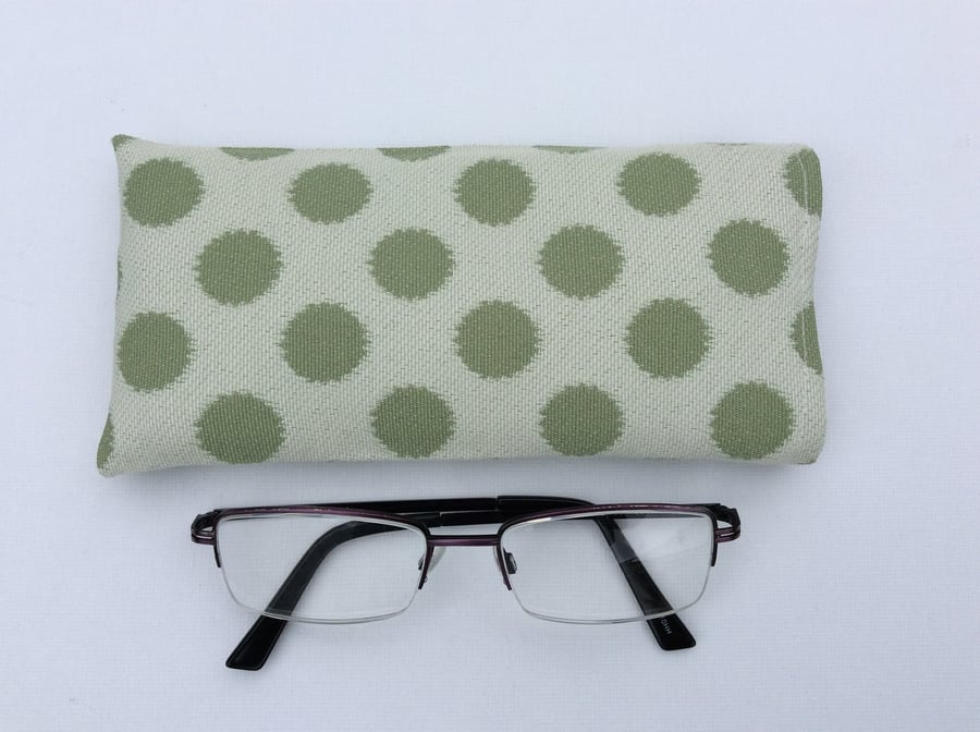 Sunglasses, glasses case, pouch, cream with large green dots